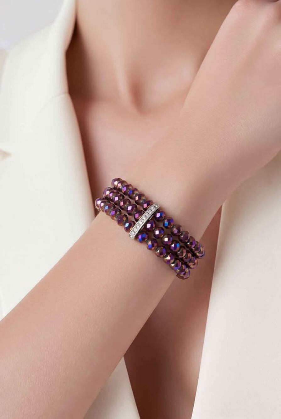 Triple Strand Iridescent Purple Beaded Bracelet with Crystal Bar